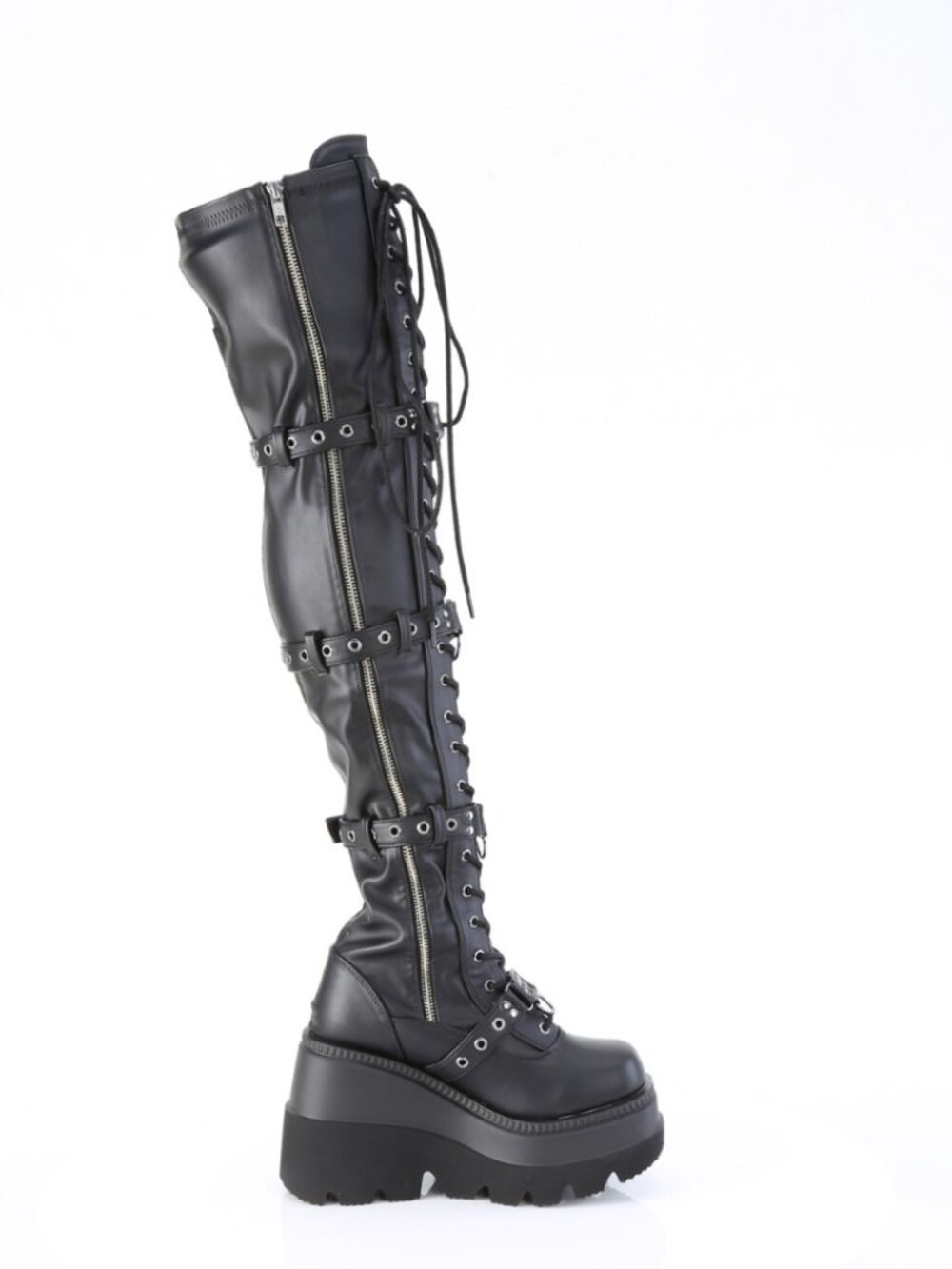 Platform Stretch Thigh-High Boots with Quad Skull Buckle Straps & Inner Zip